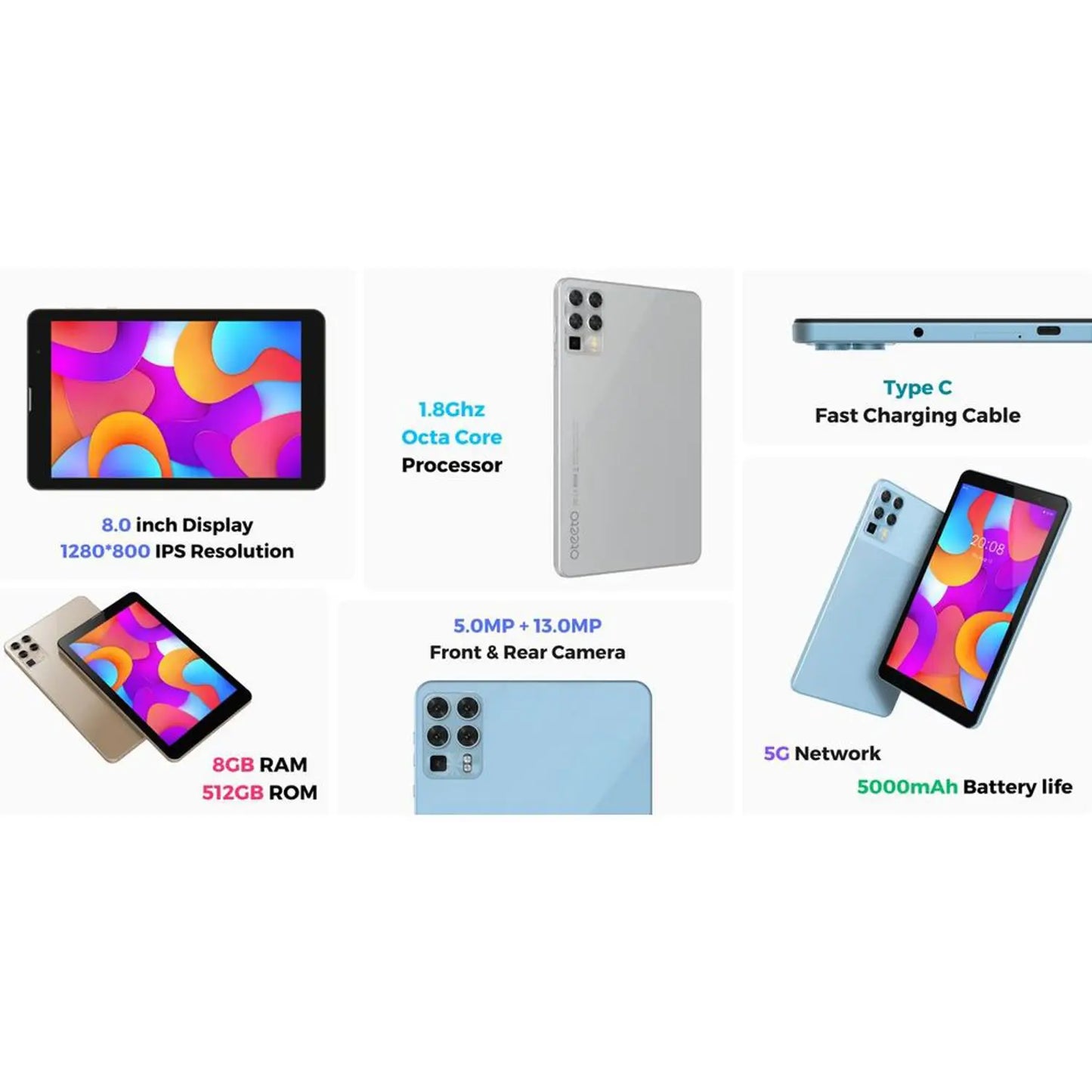 Oteeto TAB8 Tablet – WiFi+5G 512GB 8GB 8inch Grey