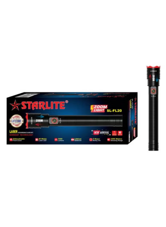 Starlite SL-FL20 Zoom LED Flashlight – 20W Laser LED, 1000 Lumens, Long Range